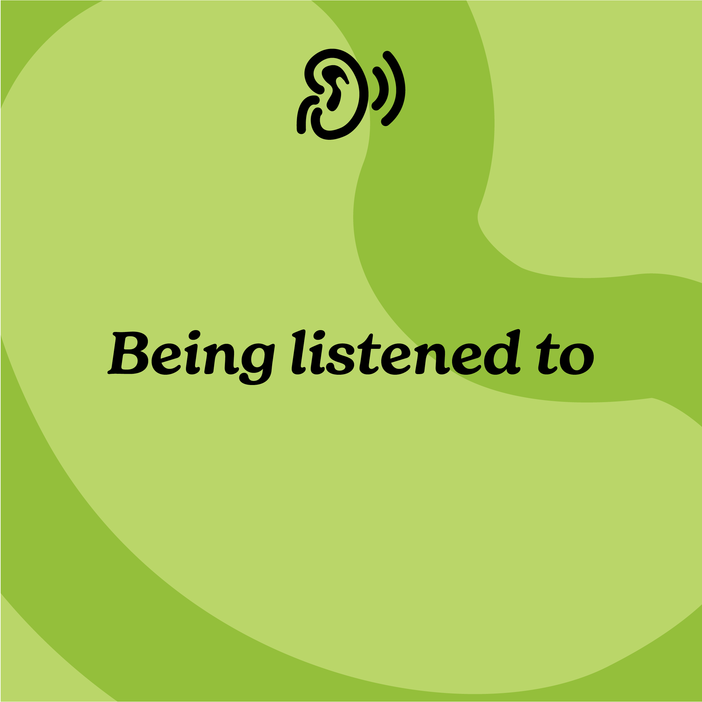 Green and light green background with black text "Choosing who you listen to" and sound icon at top.