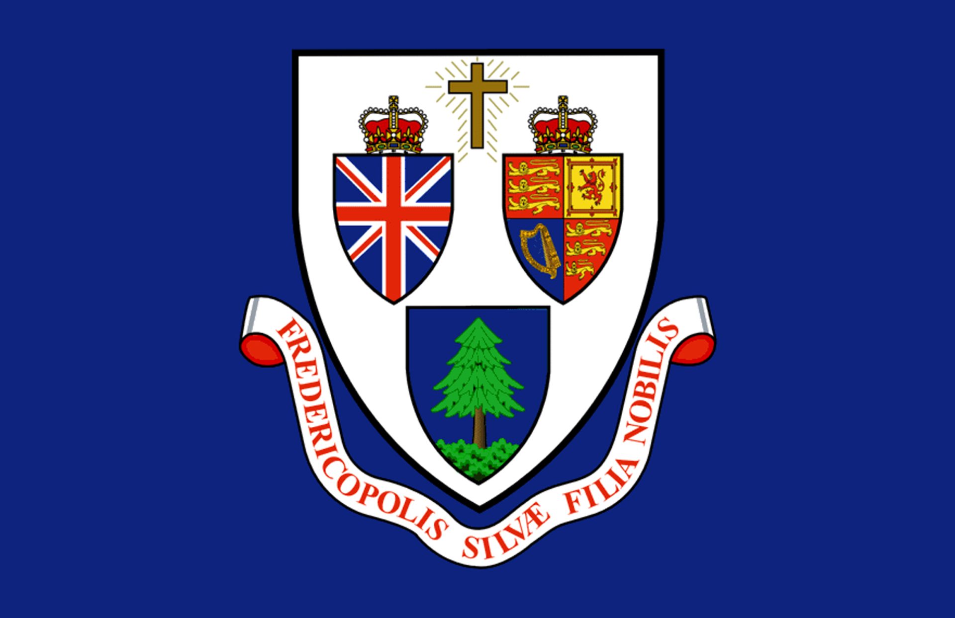 Flag of Fredericton, New Brunswick with coat of arms.