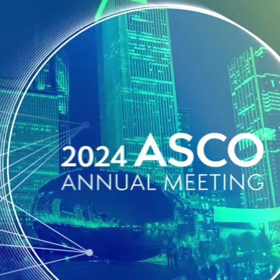 2024 ASCO Annual Meeting square banner on blue background with tall buildings.