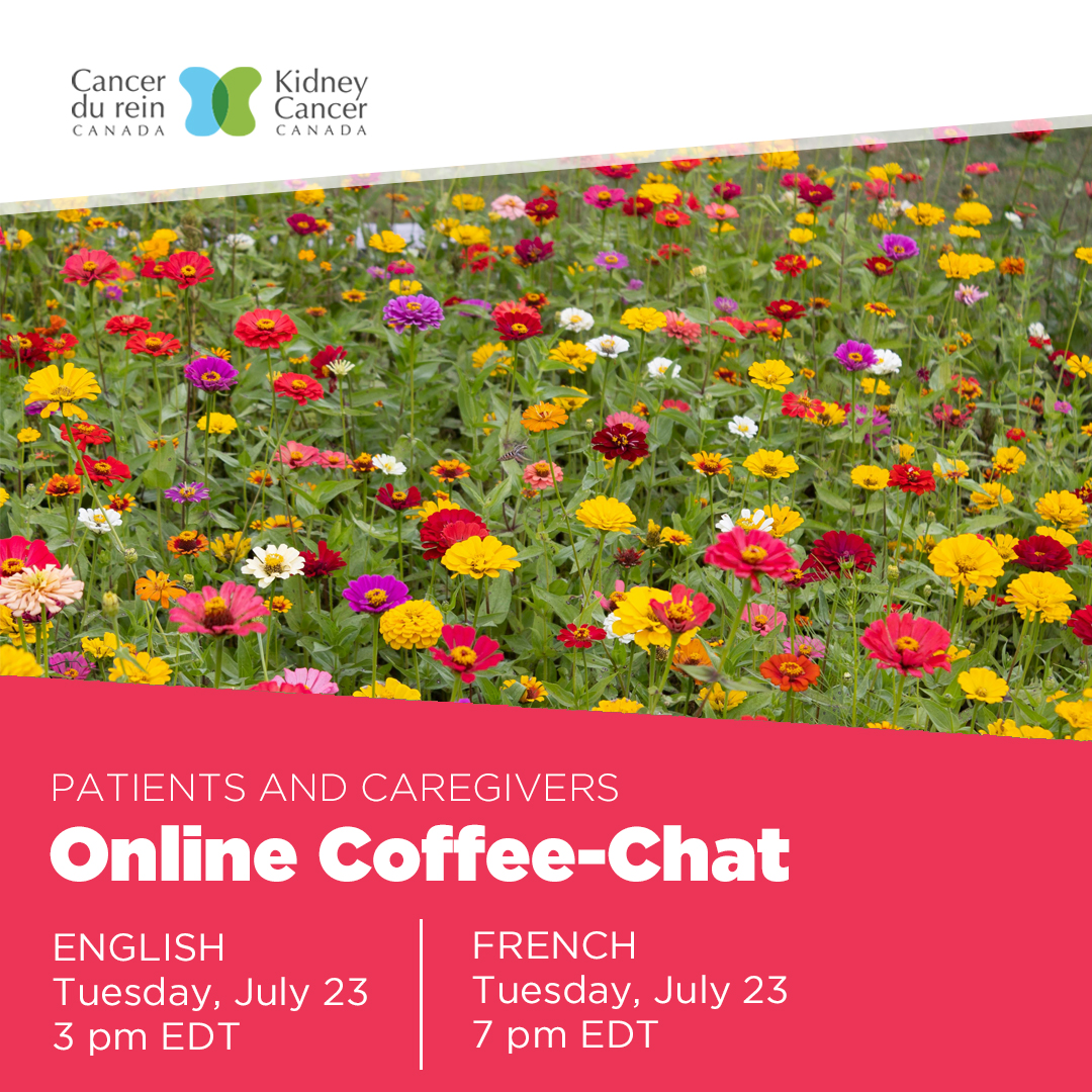 English language square banner with field of flowers about online coffee chat on July 23 at 3:00pm.